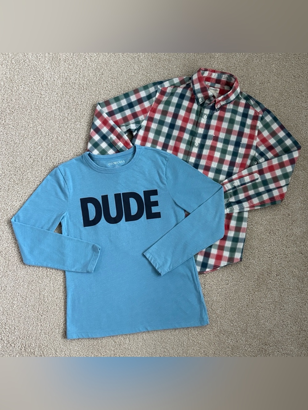 Crewcuts bundle size 10: Plaid button down shirt & blue long sleeve Dude tshirt